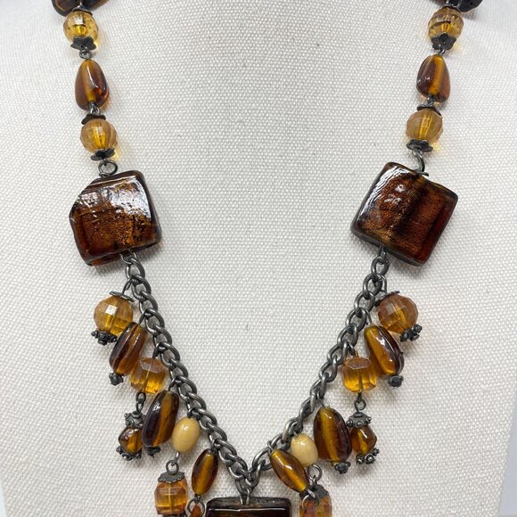 Murano Glass Beaded Necklace Square Pendant Amber Brown Faceted - Picture 3 of 16